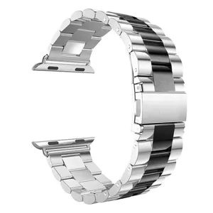 Roestvrijstalen metalen horlogeband vervanging voor Apple Watch, zilver en zwart ontwerp.