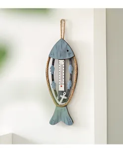 Hermoso adorno colgante de termómetro de pared de pez de madera de estilo mediterráneo