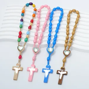 Classic Pine Wood Beads Rosary Bracelet Alloy Cross Heart Pendant Religious Prayer Beaded Bracelet Jewelry For Women Men