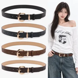 Ceinture Vintage Américaine pour Femmes en Cuir PU à Motif Floral Gaufré Boucle en Alliage Accessoire de Mode Y2K pour Jeans