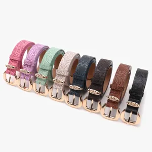 Ceinture en cuir embossée vintage pour femme, sangle élégante à motif floral pour jeans.