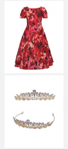 Vintage floral short sleeve dress and golden crystal tiara crown set for women cosplay party.