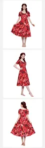 Detailed view of retro red floral short sleeve midi dress with sweet swing hem and V-neck.