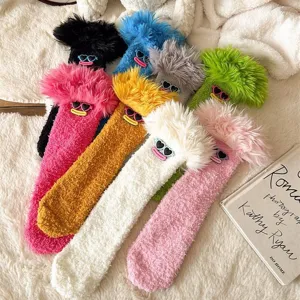 Chaussettes douillettes en polaire corail avec cheveux en peluche et lunettes, chaussettes d'hiver.