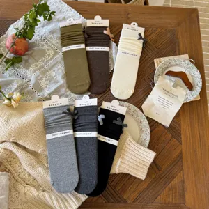 Calzini in maglia da donna fiocco carino bordo arrotolato a coste comodo autunno inverno