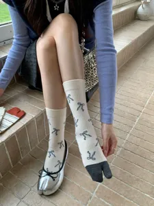 Damen Schleife Druck Split-Toe Wadenstrümpfe Retro Strick Socken für Tabi Schuhe Alltag