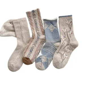 Chaussettes mi-mollet rétro femme, chaussettes slouch coton vintage, chaussettes hiver douces.