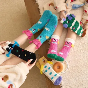 Plush coral fleece fuzzy socks with 3D cute cartoon monster design, cozy warm winter home socks.