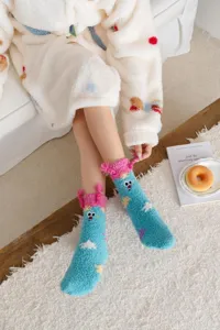 Cute fuzzy cartoon character plush socks for women, thick winter warm cozy home floor socks.