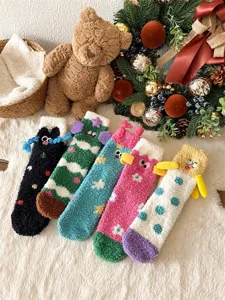 Cozy coral fleece fuzzy socks with 3D cartoon funny designs, thick winter home socks.