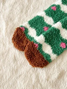 Cozy winter coral fleece socks, thick warm fluffy funny Christmas tree pattern, soft home floor socks.