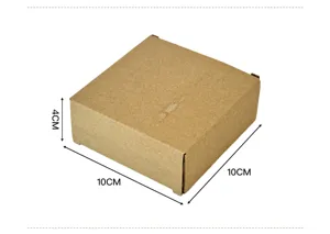 Square brown corrugated cardboard gift packaging box, sturdy paper material, 10x10x4cm size.