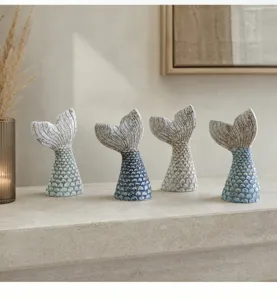 Mediterranean style resin mermaid tail ornaments set for living room desktop home decor details.