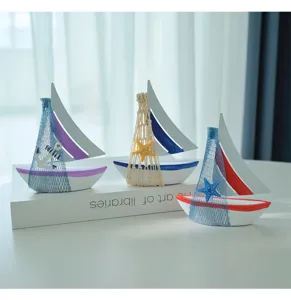 Mediterranean wooden sailboat model desktop decoration marine style nautical ornament craft.