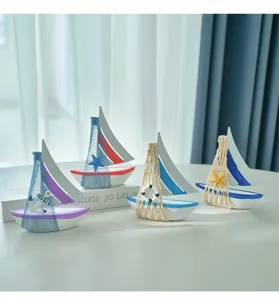Mediterranean miniature wooden sailboat model desktop ocean style decorative crafts set detail.