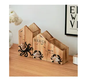 Mediterranean style wooden pen holder ocean theme desktop organizer storage box with marine decor