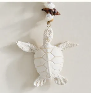 Mediterranean style sea turtle shell wall hanging decor close-up, coastal handmade home craft.