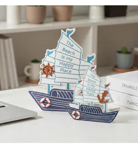 Wooden Mediterranean style sailboat model desktop nautical ornament set of two decor.