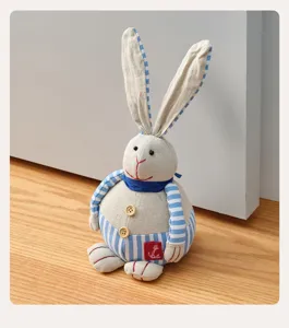 Cotton linen rabbit doorstop plush toy, cute striped fabric doll for Easter decoration.