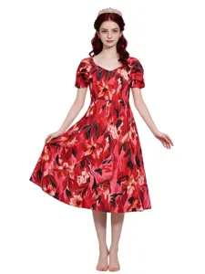 Retro red floral midi dress short sleeve vintage style cosplay costume with tiara accessory