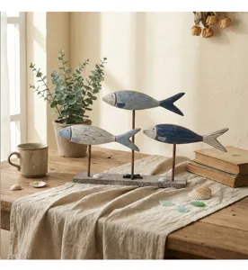 Set decorazione da scrivania pesce in legno stile mediterraneo, soprammobile marino vintage.
