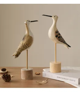 Wooden seabird decorative ornament pair with base, ideal for home table and shelf decor.