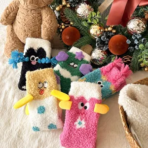 Cozy winter thick coral fleece socks with cute 3d cartoon embroidery and quirky plush details.