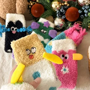 Plush coral fleece winter socks with funny 3D cartoon embroidery, thick warm cozy novelty home socks.