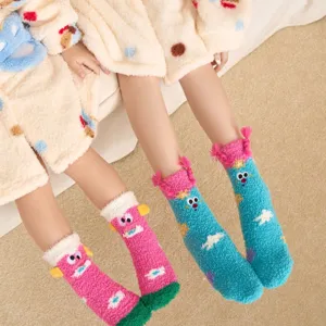 Women Funny 3D Cartoon Coral Fleece Socks Thickened Warm Embroidered Clown Monster Cat Pattern Mid-Calf Home Sleep Socks