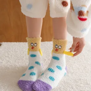 Cute fuzzy coral fleece warm winter socks with funny cartoon embroidery thick home socks.