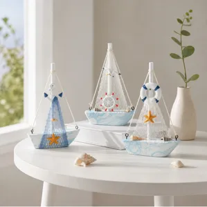 Mediterranean wooden sailboat model detail, handmade washed blue nautical desktop decor ornament