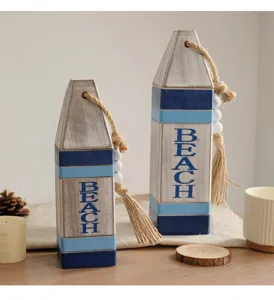 Mediterranean wooden buoy wall decor, vintage blue beach sign ornament for home room styling.
