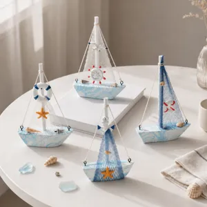 Mediterranean Wooden Sailboat Model Desktop Ornament Handmade Blue And White Nautical Table Decor Home Office Decoration