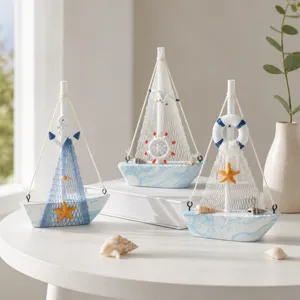 Mediterranean blue and white wooden sailboat model desktop home decoration ornaments set of three.