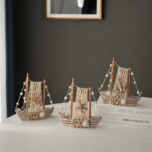 Retro Wooden Sailboat Model Ornament Mediterranean Style Light Wood Shell Net Desktop Decor Craft Gift