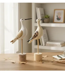 Mediterranean wooden long-tailed bird figurine set, perfect for living room and shelf decor.