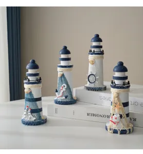 Wooden nautical lighthouse desktop decoration set, blue and white marine style table ornament.
