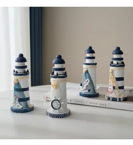 Wooden lighthouse decor marine style blue white tabletop ornament for creative home decor gift