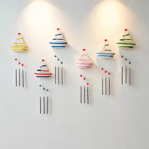 Mediterranean Style Wooden Sailboat Wind Chime Hanging Ornament Creative Nautical Home Decor Wall Decoration