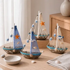 Mediterranean Style Retro Wooden Sailboat Model Miniature Ship Desktop Ornament Creative Home Decor Ocean Figurine