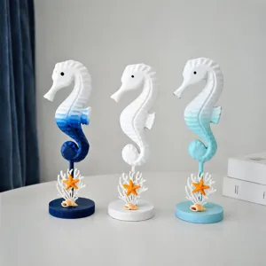 Mediterranean Wooden Seahorse Table Decor Hand Painted Nautical Marine Animal Ornament Home Living Room Bedroom Decoration