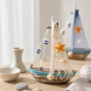 Nautical wooden sailboat model vintage coastal home decor desk ornament for room shelf