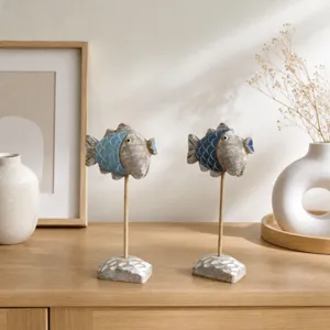 Vintage wooden fish figurine tabletop ornament set, perfect for coastal home decor and bookshelf.