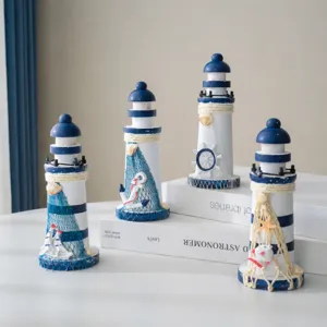 Mediterranean Wooden Lighthouse Desktop Ornament Blue And White Nautical Table Decor Crafts For Home Room