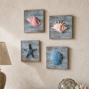 Mediterrane hölzerne Seestern Muschel Wandbehang Dekor Set 4 Stück rustikale Küstenkunst Wand