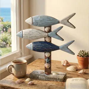 Stile Mediterraneo Ornamento di Pesce in Legno Vintage Invecchiato Nautico Decorazione da Tavolo Creativo Casa Ufficio Statua di Pesce