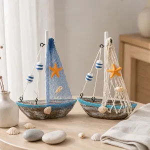 Nautical vintage wooden sailboat ornament model for home desktop bookshelf decorative use