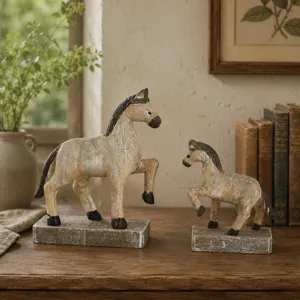 Vintage wooden horse figurines decor, rustic handmade animal sculpture for tabletop.