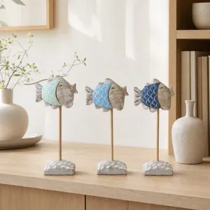 Vintage rustic wooden fish desktop ornament marine style home decor table decoration set