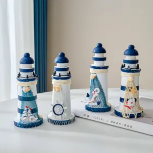 Wooden nautical lighthouse desktop ornament set, blue white mediterranean coastal home decoration 15cm